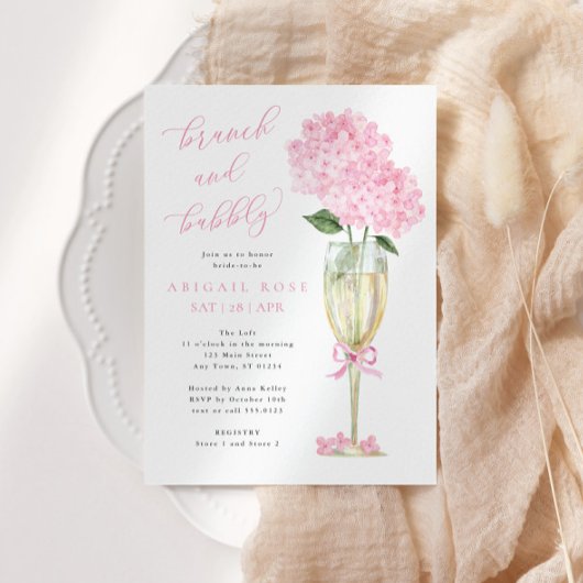 Pink Hydrangea Brunch und Bubbly Gold Champagne Einladung