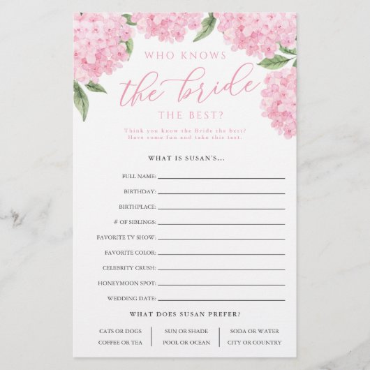 Pink Hydrangea, der die Bride Paper Game Card kenn Flyer (Vorne)