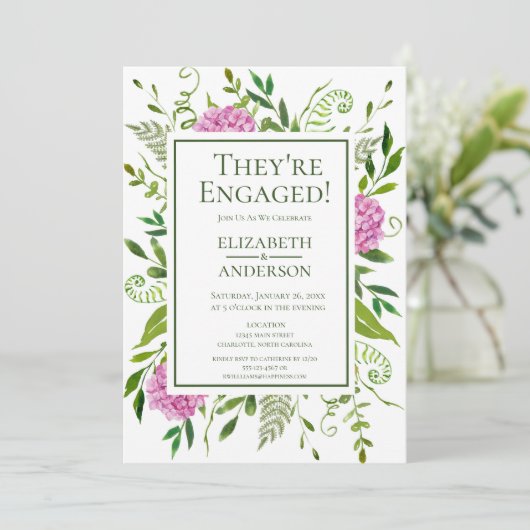 Pink Hydrangea Engagement Party Einladung (Stehend Vorderseite)