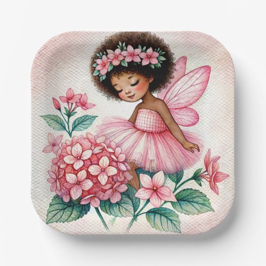 Pink Hydrangea Fairy Black Girl Watercolor Pappteller (Vorderseite)