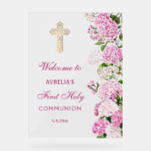 Pink Hydrangea First Communion Welcome Acrylschild (Vorderseite)