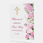 Pink Hydrangea First Communion Welcome Acrylschild (Winkel)