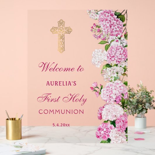 Pink Hydrangea First Communion Welcome Acrylschild (Hochzeit)