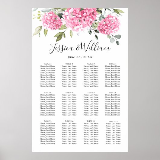 Pink Hydrangea Floral 12 Tische SITZENDE CHART Poster (Vorne)