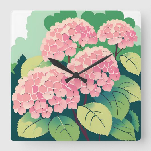 Pink Hydrangea Floral Botanical Quadratische Wanduhr (Vorderseite)