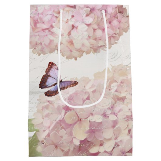 Pink Hydrangea Floral Butterfly Blume Script Art Mittlere Geschenktüte (Rückseite)