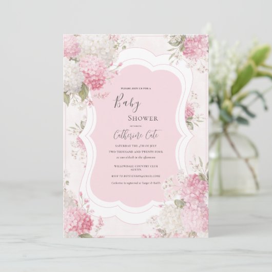 Pink Hydrangea Floral Elegant Baby Shower Einladung (Stehend Vorderseite)