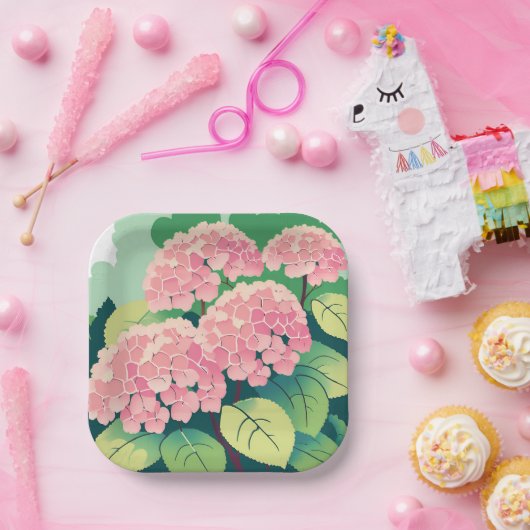 Pink Hydrangea Floral Eleganter Garten Pappteller (Party)