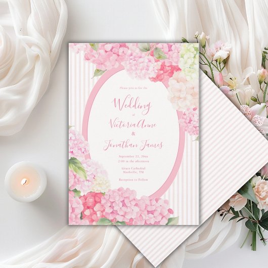 Pink Hydrangea Floral Stripe Wedding Invitation Einladung
