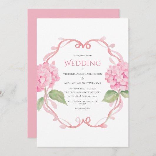 Pink Hydrangea Floral Watercolor Wedding Einladung (Vorne/Hinten)
