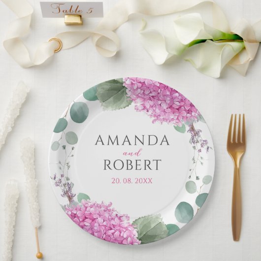 Pink Hydrangea Flowers Watercolor Elegant Wedding Pappteller (Hochzeit)