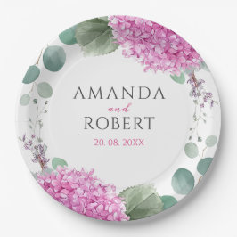 Pink Hydrangea Flowers Watercolor Elegant Wedding Pappteller