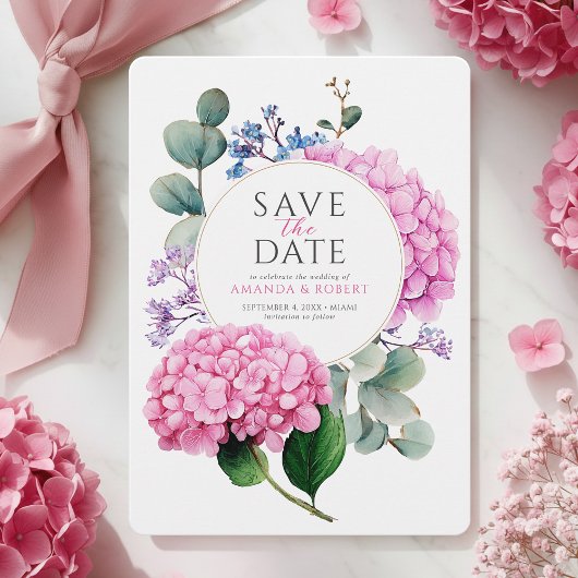 Pink Hydrangea Flowers Watercolor Elegant Wedding Save The Date