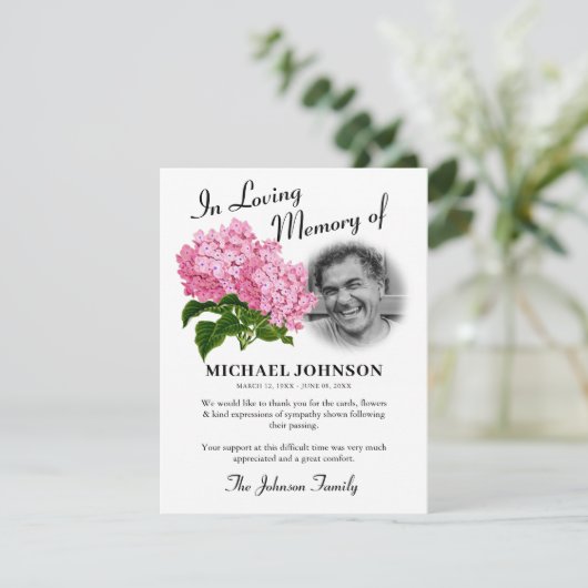 Pink Hydrangea Foto Beerdigung Dankeskarte (Stehend Vorderseite)
