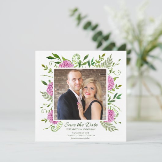 Pink-Hydrangea-Foto Save The Date (Stehend Vorderseite)