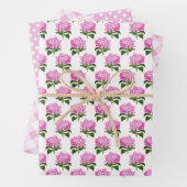 Pink Hydrangea Gingham und Polka Dot Pattern Geschenkpapier Set (Beispiel)
