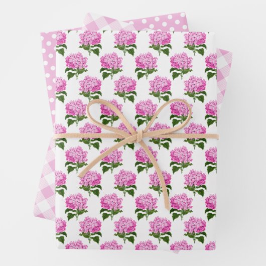 Pink Hydrangea Gingham und Polka Dot Pattern Geschenkpapier Set (Beispiel)