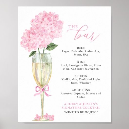 Pink Hydrangea in Gold Glass Bar Menu Poster (Vorne)