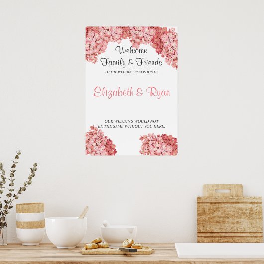 Pink Hydrangea, individuelles Hochzeitswillkommenp Poster (Küche)
