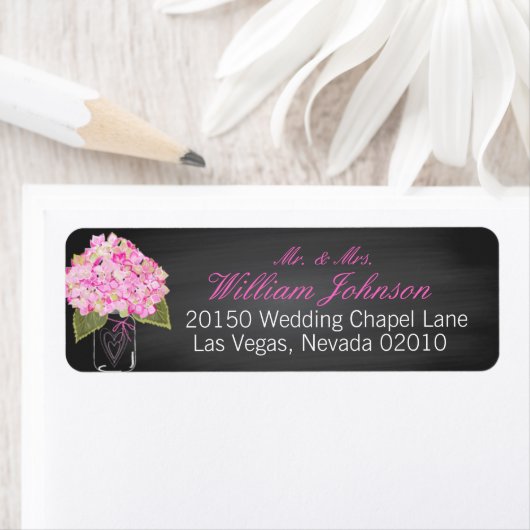Pink Hydrangea Jar Chalkboard Wedding Label (Insitu)