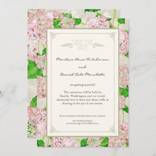 Pink Hydrangea Lace Floral Formal Elegante Hochzei Save The Date (Vorne/Hinten)