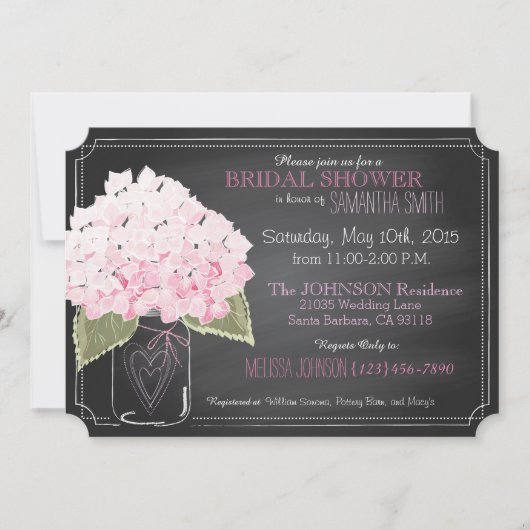Pink Hydrangea Mason Jar Chalkboard Brautparty Einladung (Vorderseite)