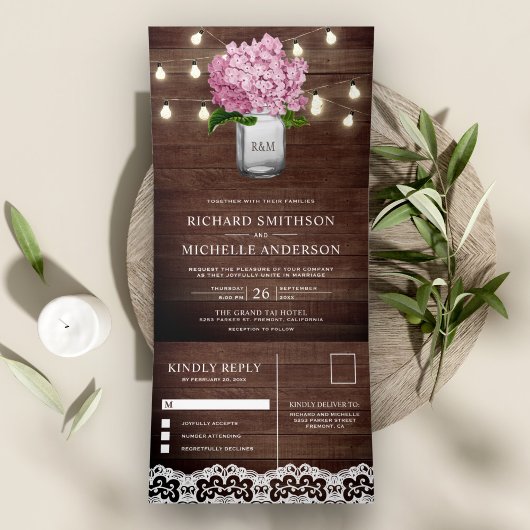 Pink Hydrangea Mason Jar String Lights Hochzeit Dreifach Gefaltete Einladung