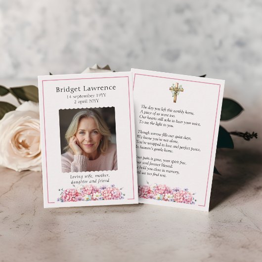 Pink Hydrangea Memorial Photo Prayer Card Visitenkarte