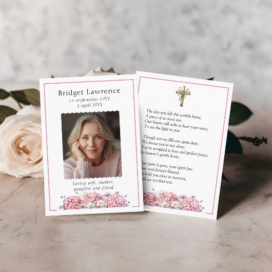 Pink Hydrangea Memorial Photo Prayer Card Visitenkarte