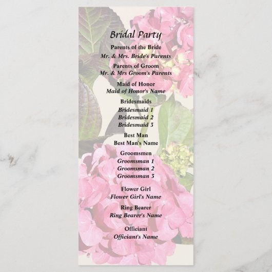 Pink Hydrangea mit Blätter Hochzeitsprogramm Programm (Rückseite)