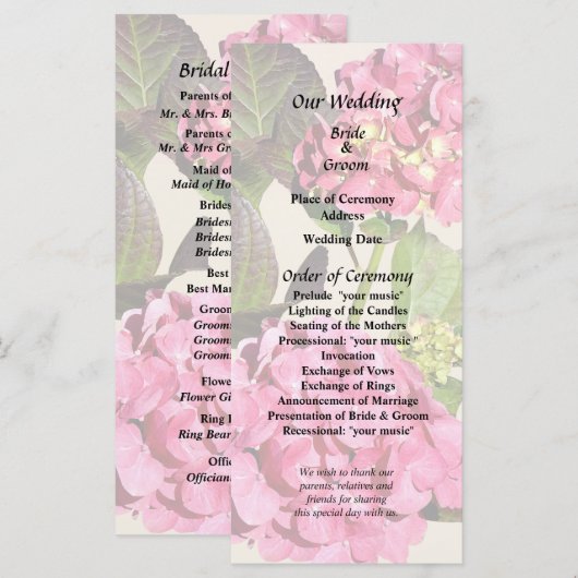 Pink Hydrangea mit Blätter Hochzeitsprogramm Programm (Vorne/Hinten)