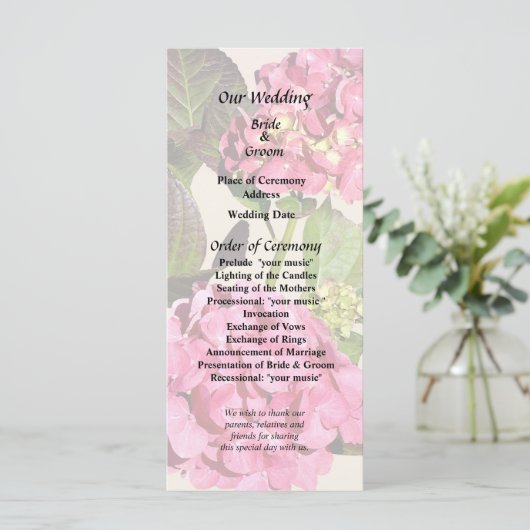 Pink Hydrangea mit Blätter Hochzeitsprogramm Programm (Stehend Vorderseite)