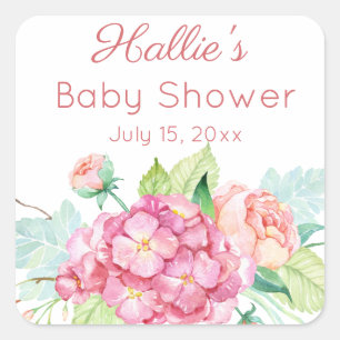 Pink Hydrangea & Peony Baby Dusche Vielen Dank Quadratischer Aufkleber