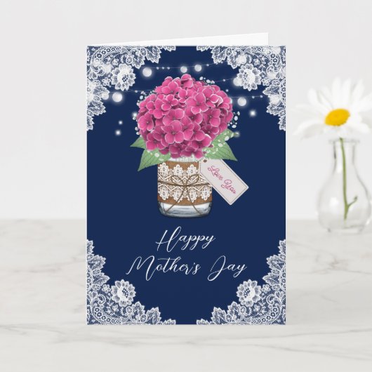 Pink Hydrangea Rustic Lace Blue Mother Day Karte (Kleine Pflanze)