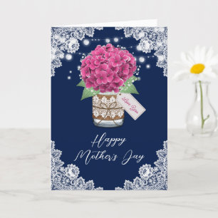 Pink Hydrangea Rustic Lace Blue Mother Day Karte