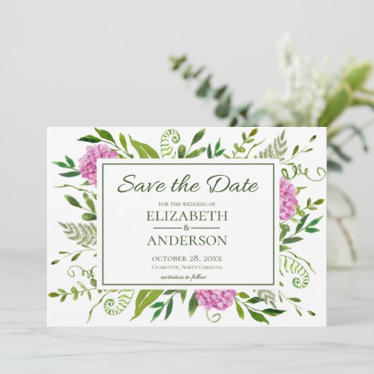 Pink Hydrangea Save The Date (Stehend Vorderseite)