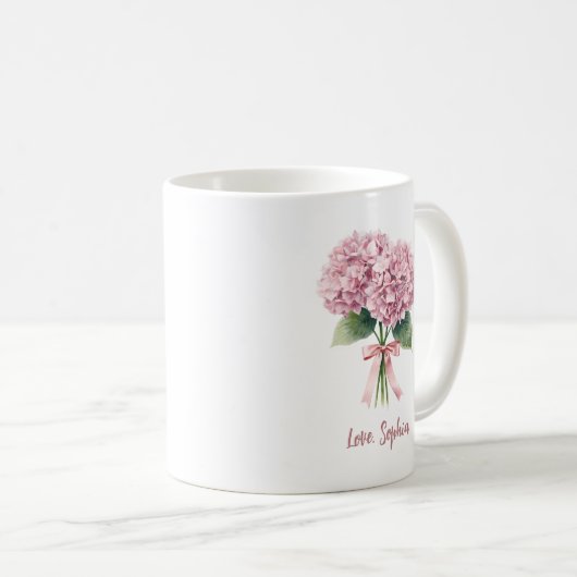 Pink Hydrangea Spring Flower Floral Custom Name Kaffeetasse (VorderseiteRechts)