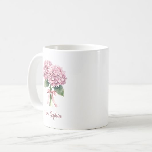 Pink Hydrangea Spring Flower Floral Custom Name Kaffeetasse (Vorderseite Links)