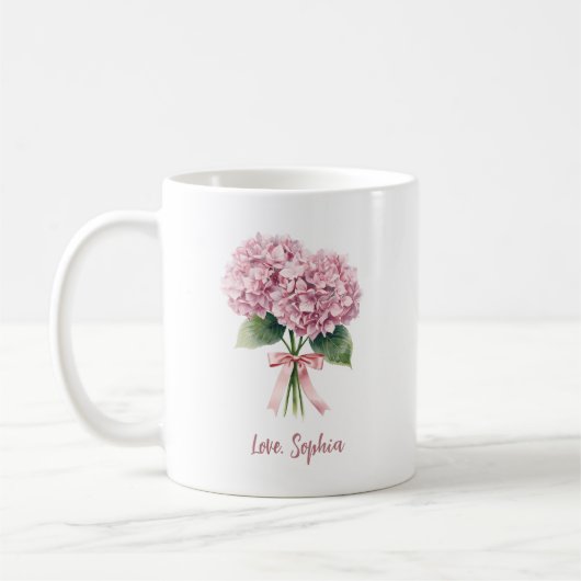 Pink Hydrangea Spring Flower Floral Custom Name Kaffeetasse (Links)
