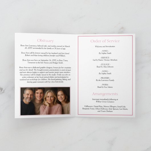 Pink Hydrangea Summer Flowers Funeral Folded Programm (Innenseite)