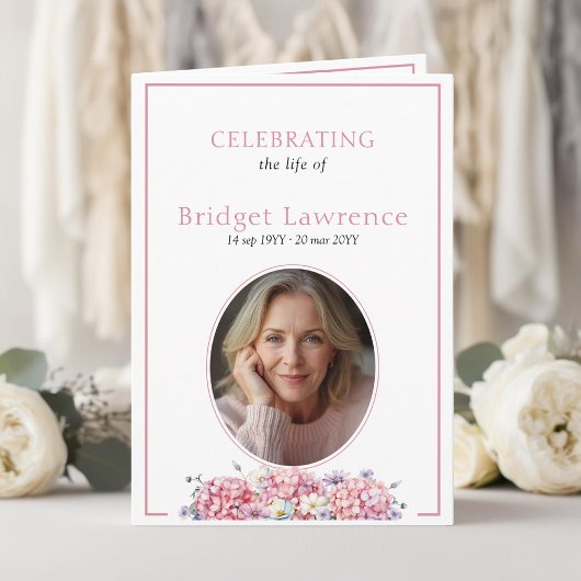 Pink Hydrangea Summer Flowers Funeral Folded Programm