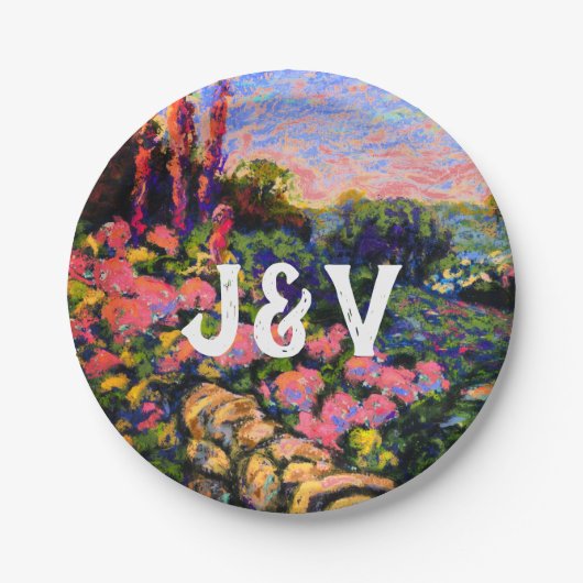 Pink Hydrangea, üppiger Garten & Initialen Pappteller (Vorderseite)