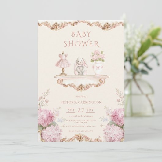 Pink Hydrangea Vintage Baby Shower Invitation Einladung (Stehend Vorderseite)