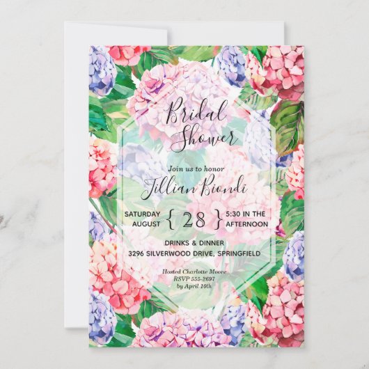Pink Hydrangea Wasserfarbe Bridal Dusche Einladung (Vorderseite)