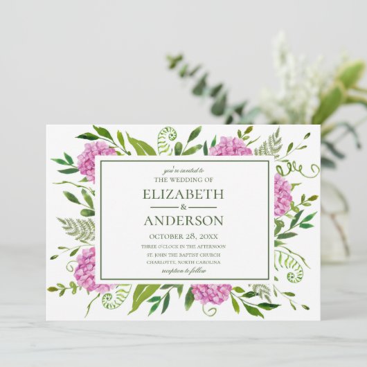 Pink Hydrangea Wedding Einladung (Stehend Vorderseite)