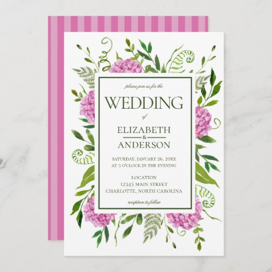 Pink Hydrangea Wedding Einladung (Vorne/Hinten)