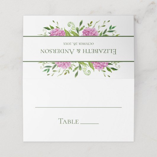Pink Hydrangea Wedding Platzkarte (Außenseite Aufgefaltet)