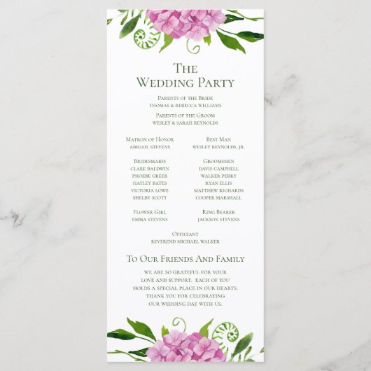 Pink Hydrangea Wedding Program Programm (Rückseite)