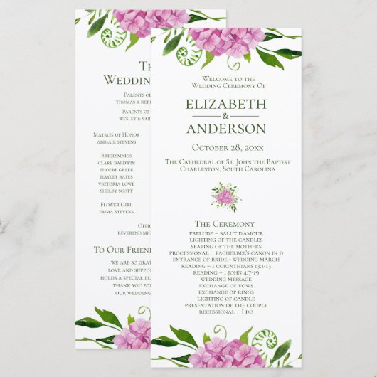 Pink Hydrangea Wedding Program Programm (Vorne/Hinten)