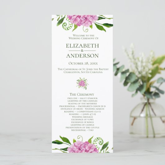 Pink Hydrangea Wedding Program Programm (Stehend Vorderseite)